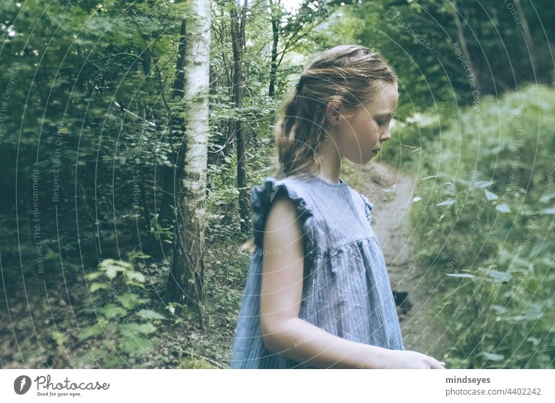 Mädchen im Wald Kindheit Kindheitserinnerung Freizeit & Hobby Fröhlichkeit Birkenwald Skandinavien Kaukasier niedlich Natur Naturliebhaber Spielen verirrt