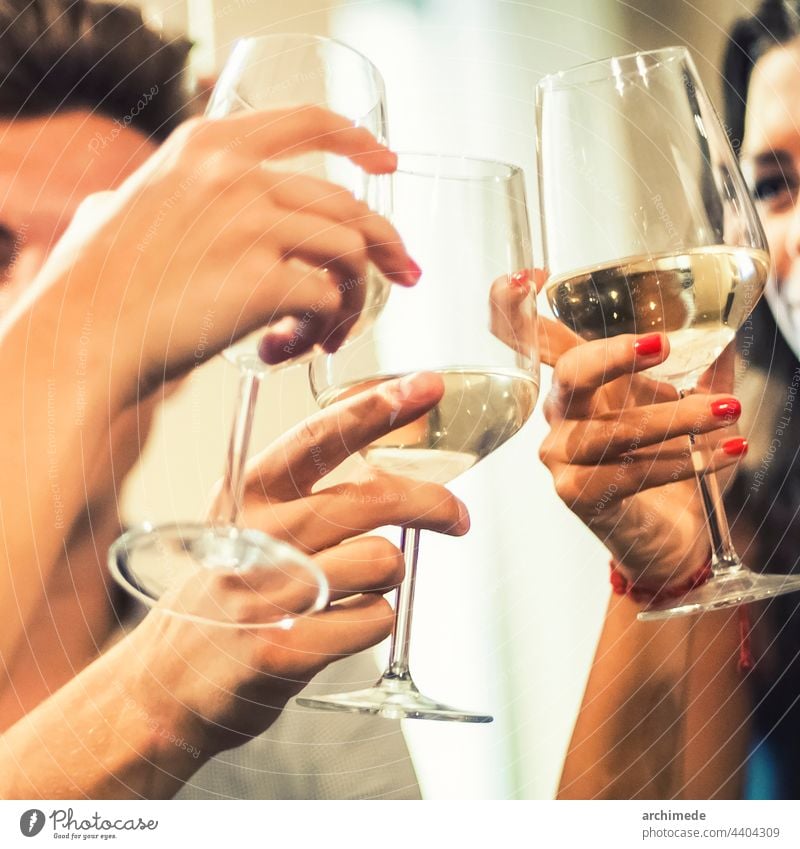 Freunde stoßen gemeinsam an Spaß Party Röstung trinken Treffpunkt herumhängen Freundschaft Wein Glas Alkohol Nachtleben Club Bar Restaurant Hand Lifestyle