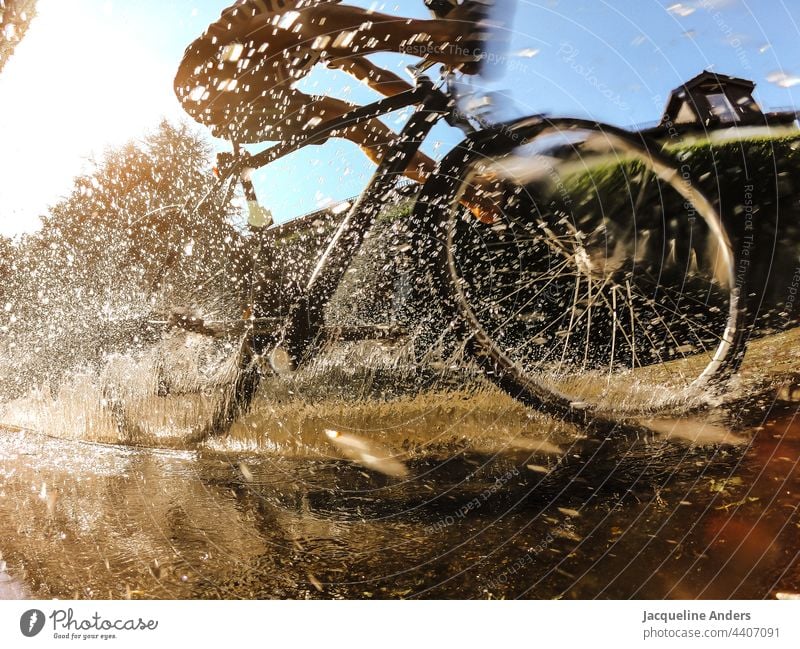 Radfahrer fährt durch eine Pfütze im Sommer Fahrrad Fahrradfahren Fahrradfahrer Radfahren Spiegelung spritzen wasser Sport Straße Verkehr Bewegung im Freien