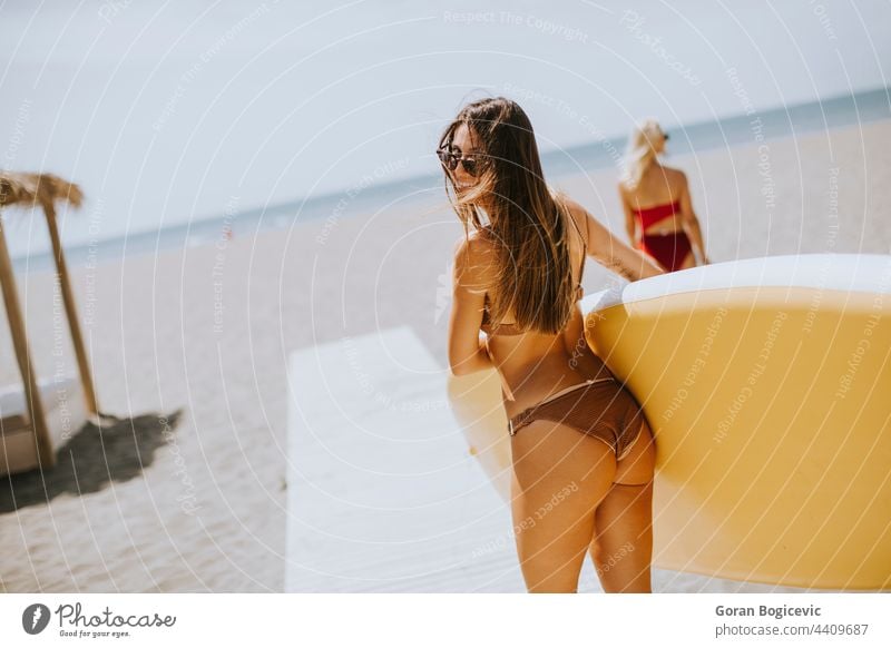 Zwei junge Frauen mit Paddelbrett am Strand an einem Sommertag attraktiv schön Bikini Holzplatte Küste Tag passen Freunde Freundschaft Spaß Glück Lifestyle Meer
