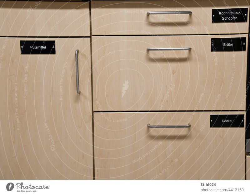 Ordnung muss sein Schublade Küche Einbauküche Griff Beschriftung Beschriftung in Schwarz und Weiß aufräumen systematisch ordentlich Holz Putzmittel Deckel