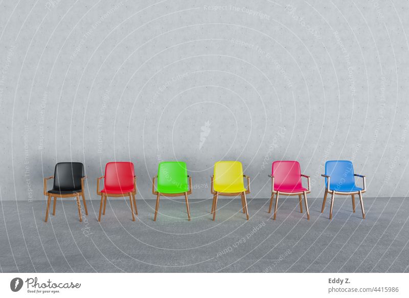 Verschiedenen Stühlen in unterschiedlichen Farben. Mit Farben erschließen wir uns die Welt der politischen Richtung. Rot, Schwarz, Grün, Gelb, Blau, Purpur, Blau sind elementare Orientierungsmuster. Sitze Symbol für Bundestag bei Bundestagswahl.