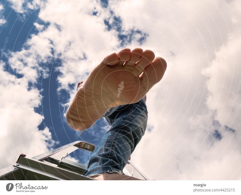 Eine Frau steht auf einer Leiter, ihr Fuß tritt ins Leere Mensch Außenaufnahme Erwachsene Farbfoto Himmel Wolken wolkig Sommer Licht aufsteigen absteigen