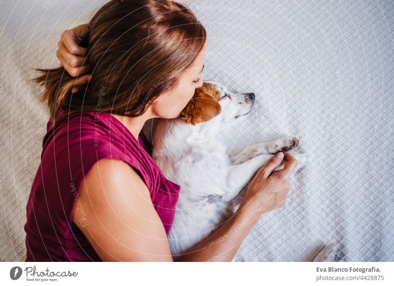 Ansicht von oben von jungen kaukasischen Frau zu Hause ruht auf Bett mit niedlichen Jack Russell Hund. Frau küsst Hund. Haustiere, Liebe und Entspannung