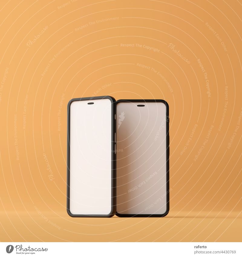 Zwei Smartphones mit leerem Bildschirm auf braunem Hintergrund. 3d Rendering Anzeige elektronisch Attrappe zwei App Gerät Mobile Telefon blanko vereinzelt