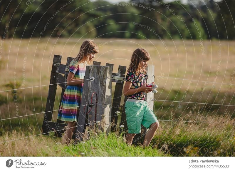 Kinder gehen durch ein Holztor auf einem Feld Zaun Gate hölzern aktiv Aktivität Abenteuer Herbst Kindheit Landschaft genießend Familie Bauernhof Frau Wald
