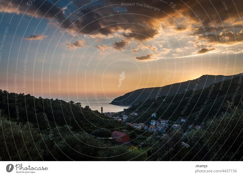 Italienischer Abend Vegetation Berghang Abenddämmerung Sonnenuntergang Hügel Stadt Küste mediterran Ligurisches Meer Bucht Moneglia Dorf Wald Tourismus