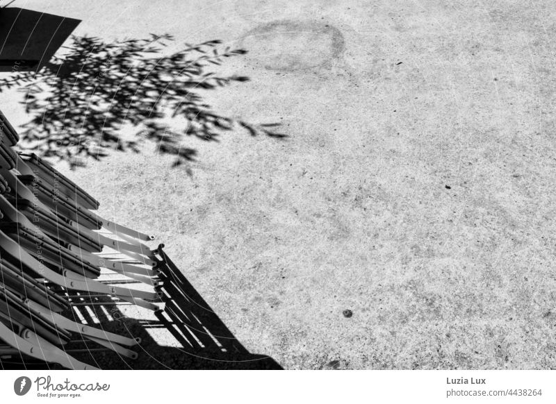 Am Morgen danach.... vor dem Straßencafé sind die Stühle noch hochgeklappt; dazu der Schatten eines kleinen Olivenbaums, eingesperrt im engen Topf Szene Stadt