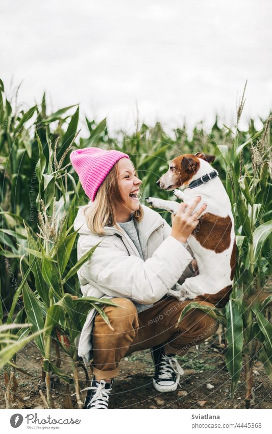 Glückliches Mädchen im Teenageralter, das ihren Hund Jack Russell Terrier auf einem Feld vor dem Hintergrund eines Maisfeldes im Herbst umarmt Umarmung rosa