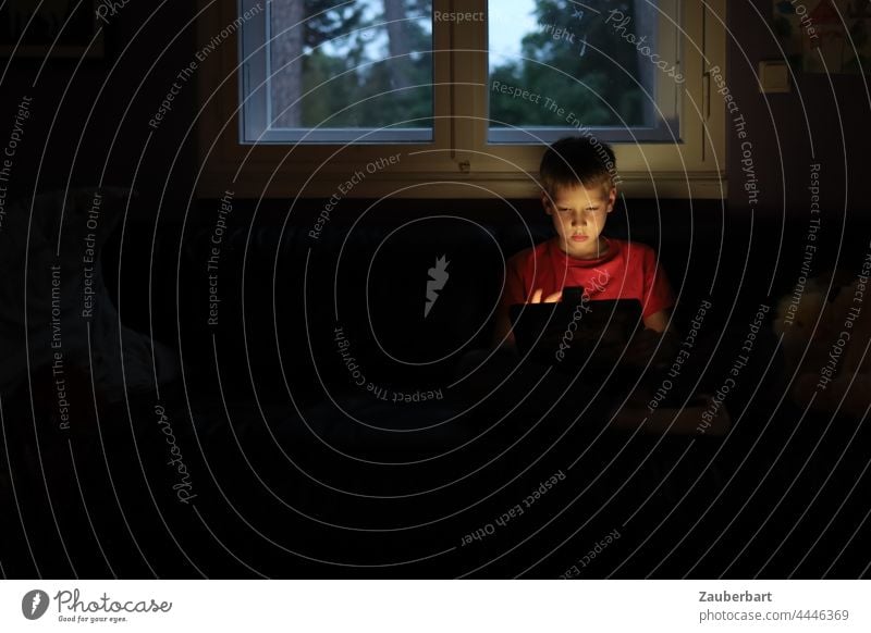 Kleiner Junge sitzt mit Tablet in dunklem Zimmer vor Fenster klein spielen dunkel rot Kind Tablet Computer Kindheit digital Internet Medienkompetenz