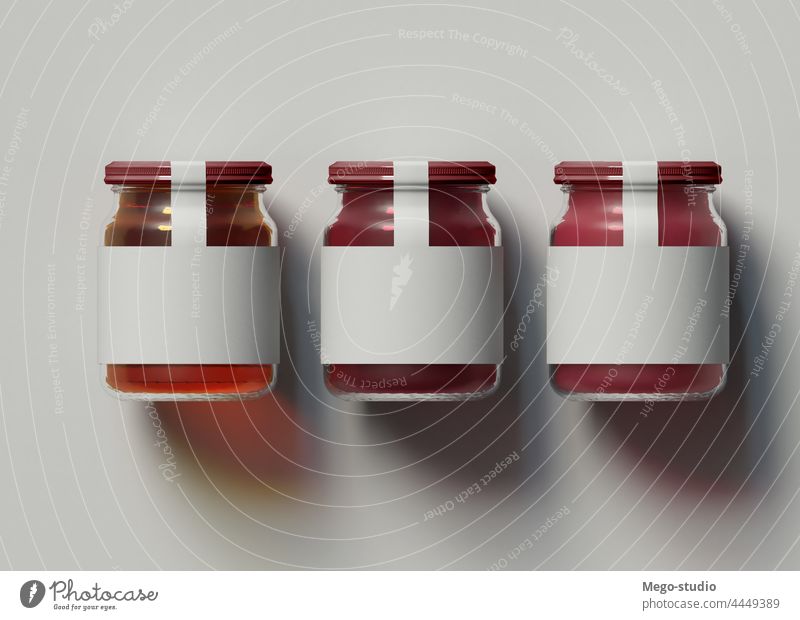 3D-Illustration. Mockup von drei Marmeladengläsern auf isoliertem Hintergrund. 3d Attrappe Glas vereinzelt kennzeichnen blanko konservieren Paket Werbung Logo