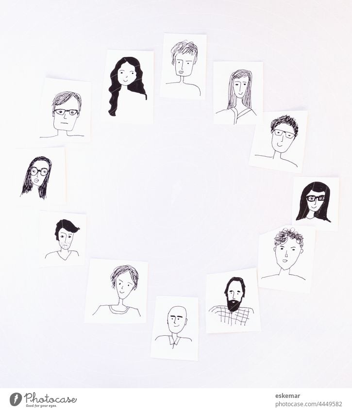 Gesichter Menschen Kreis rund Frau Mann viele gezeichnet Zeichnung Kunst Textfreiraum Hintergrund weiß weisser Frauen Männer Porträt Porträts lustig Zeichnungen