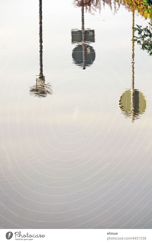 Zwei Verkehrszeichen, eine Straßenlampe und etwas Gebüsch spiegeln sich im Wasser Spiegelung Wellen spiegelverkehrt gespiegelt Reflexion & Spiegelung Teich
