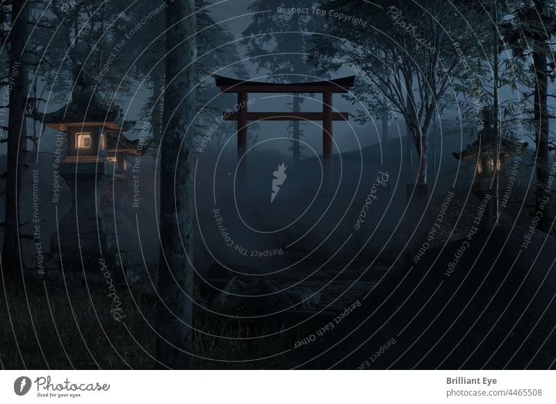 alter japanischer Schrein mit Torii-Tor und Steinlaternen bei Nacht 3D-Rendering antik Architektur Asien Hintergrund dunkel Nebel neblig Wald Gate historisch