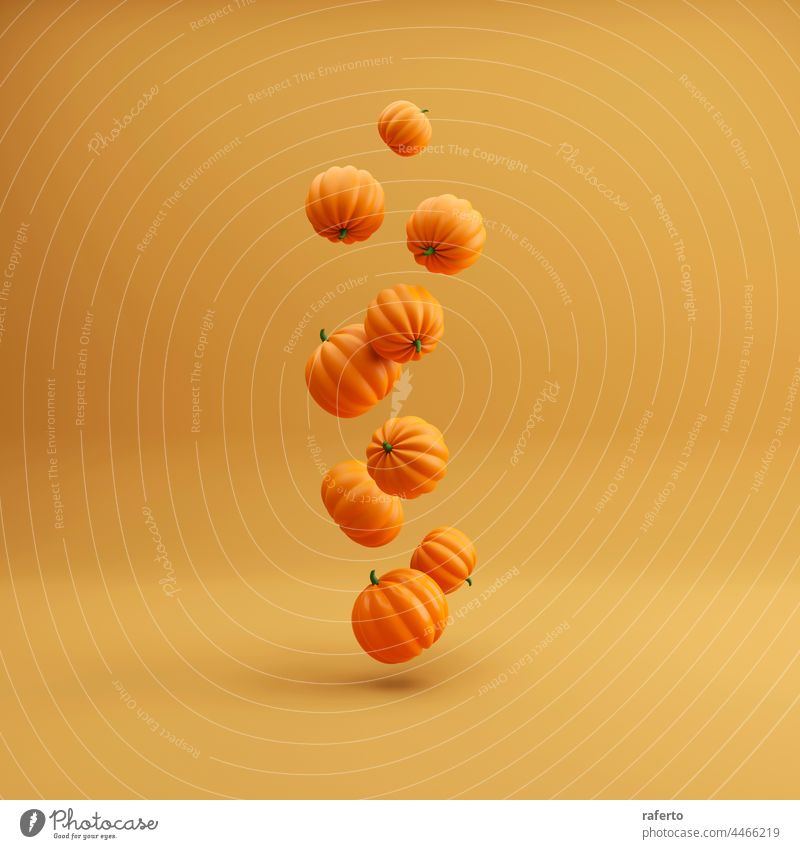 Flying Orange Halloween-Kürbisse auf orangefarbenen Hintergrund, Urlaub Dekoration. 3d render Fliege Bonbon Konzept Herbst oben Geist Feiertag Entsetzen Party