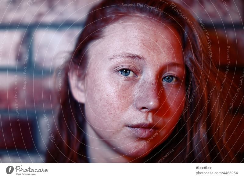 Nahes Portrait einer jungen Frau mit Sommersprossen und roten Haaren Junges Fräulein Porträt nah Nähe ausstrahlung schoenheit Ruhe kraftvoll hübsch Jugendliche