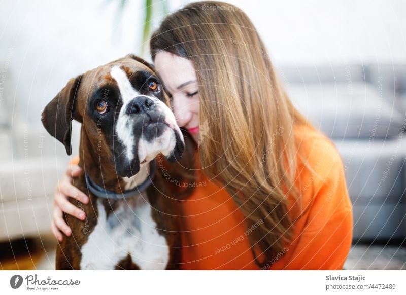 Junge Frau, die ihren deutschen Boxerhund auf dem Sofa sitzend umarmt blond Art Tierliebe aufmerksam Schönheit und Schönheit Wärme Haustier Hund Mädchen Lächeln