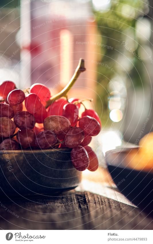 Rote Weintrauben im Gegenlicht Essen Ernährung Obst Beeren lecker gesund Frucht Tisch Holz Schale Sonne frisch Lebensmittel Gesunde Ernährung Gesundheit