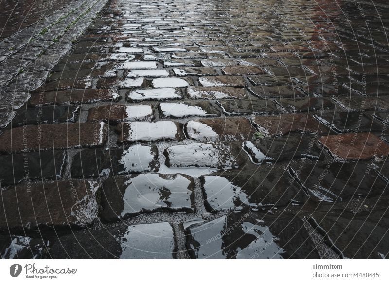 Manchmal regnet es... Straße Regen Kopfsteinpflaster nass Stadt Pflastersteine Außenaufnahme Reflexion & Spiegelung schlechtes Wetter Menschenleer feucht