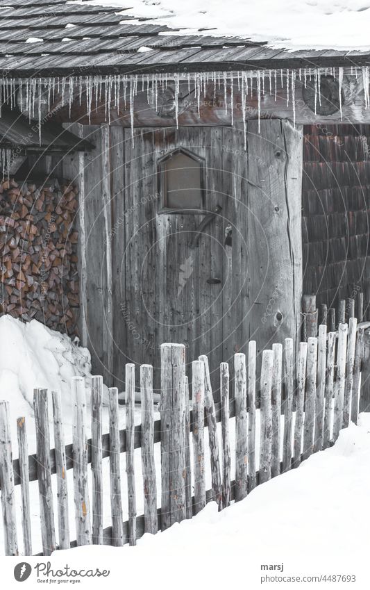 Spürbare Kälte. Hauptsache Holz vor der Hütte. Eiszapfen von oben, Steckenzaun von unten. kalt Frost Berghütte einzigartig verwittert Idylle Klischee Einsamkeit