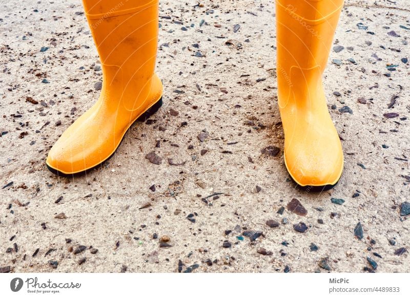 Gelbe Gummistiefel gelb Farbfoto Außenaufnahme Stiefel Bekleidung Regen Schuhe nass Wetter Mensch Pfütze Herbst Kindheit Wasser schlechtes Wetter Freude Fuß