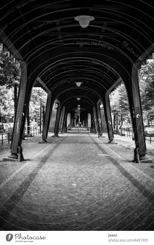 Symmetrie Berliner Architektur symmetrisch Unterführung historisch Wege & Pfade Strukturen & Formen Durchgang Bauwerk Tunnelblick weite Entfernung Stahlträger