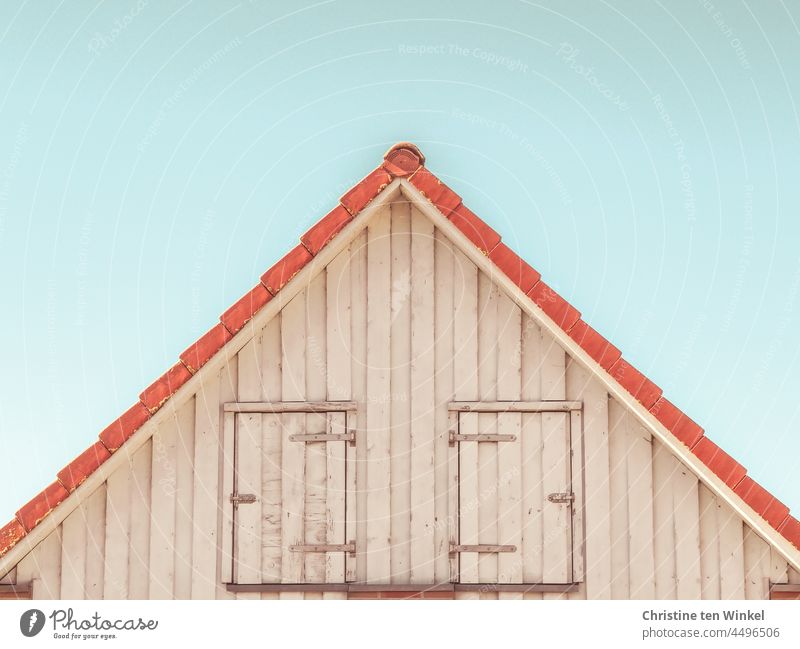Hausgiebel mit Holzfassade und zwei geschlossenen Türen vor zartblauem Himmel Giebel Dachgiebel Spitzgiebel verschlossen zu Scharniere Fassade Gebäude Wand