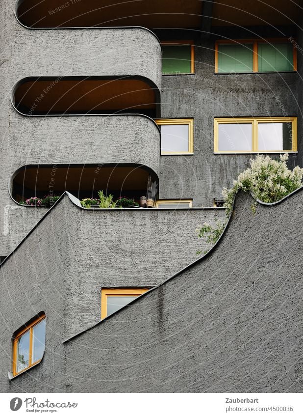 Graue Fassade mit gelben Fensterrahmen und Balkon eines modernen Wohnhauses Mehrfamilienhaus grau Sozialer Wohnungsbau Bogen Moderne Beton Architektur Stadt