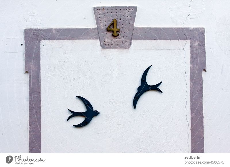 Zwei Schwalben vogel schwalbe bild wandbild fenster rahmen fliegen haus fassde illustration malerei wandmalerei haus hausnummer 4 ziffer zahl zwei paar kunst