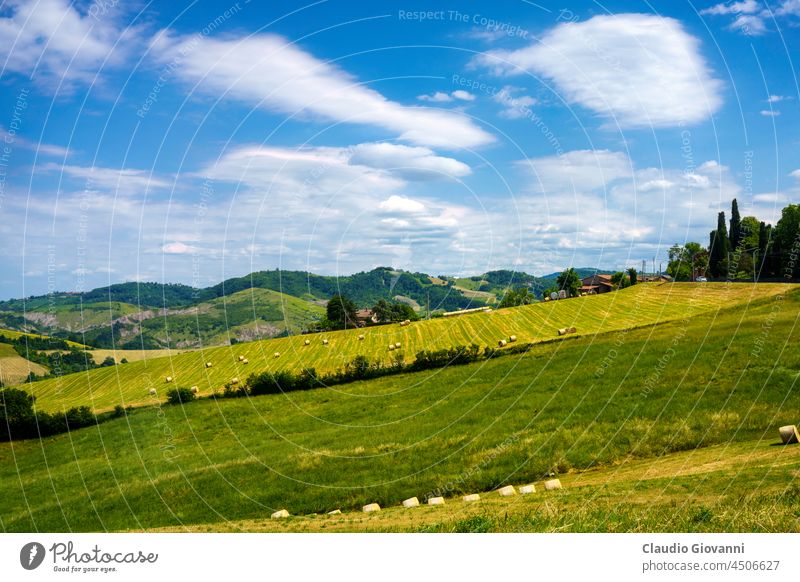 Ländliche Landschaft an der Straße von Sassuolo nach Serramazzoni, Emilia-Romagna. Europa Italien Modena Ackerbau Ballen Calanques Außenseite Bauernhof Feld