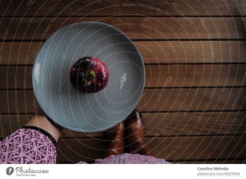 Hingucker-Frau hält hellblauen Teller mit einer schwarzroten Tomate in der Hand Essen Lebensmittel Ernährung Vegetarische Ernährung Bioprodukte Farbfoto