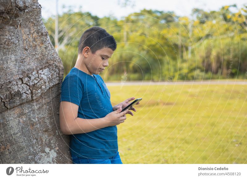 Teenager beim Chatten mit ihrem Handy auf der grünen Wiese lateinamerikanisch plaudernd Zelle Telefon Junge Kind Natur Lifestyle Mann Spielen Urlaub hispanisch