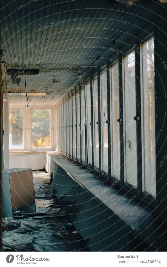 Flur und Fensterfront in einem ehemaligen Krankenhaus mit Herbstlicht Perspektive Licht Film Gang Verlassen lost places Trümmer Zerstört Vandalismus verlassen