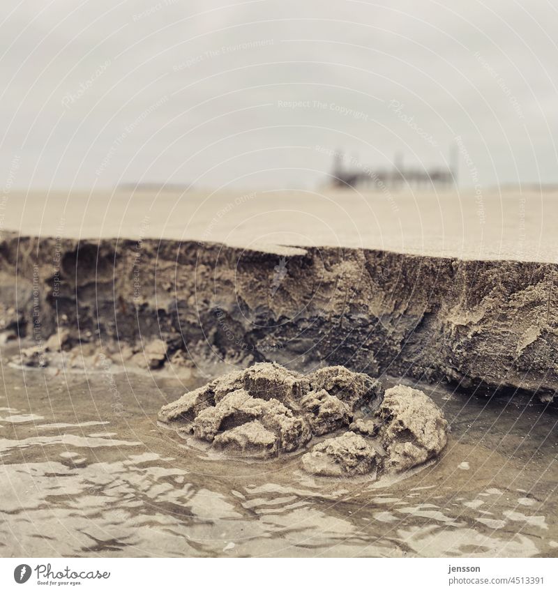 Abbruchkante eines Priels am Nordseestrand von St. Peter-Ording Sand Wattenmeer Nordseeküste Gezeiten Detailaufnahme Froschperspektive Schwache Tiefenschärfe