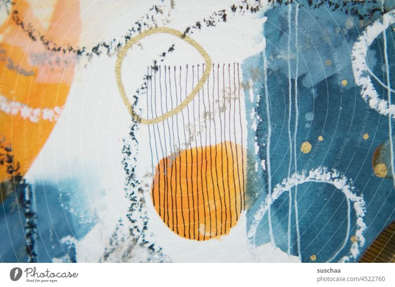 kompostition mit blau und orange Kunst Kunstwerk abstrakt Hintergrund bunt Farbe Aquarellfarben Striche Punkte Kreis gezeichnet gemalt Wasserfarbe Kreativität