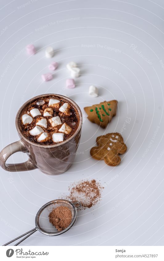 Eine Tasse heiße Schokolade mit Marshmellows und Lebkuchenkekse auf einem weißen Tisch Kakao marshmallow süß Dessert Lebkuchenplätzchen Getränk