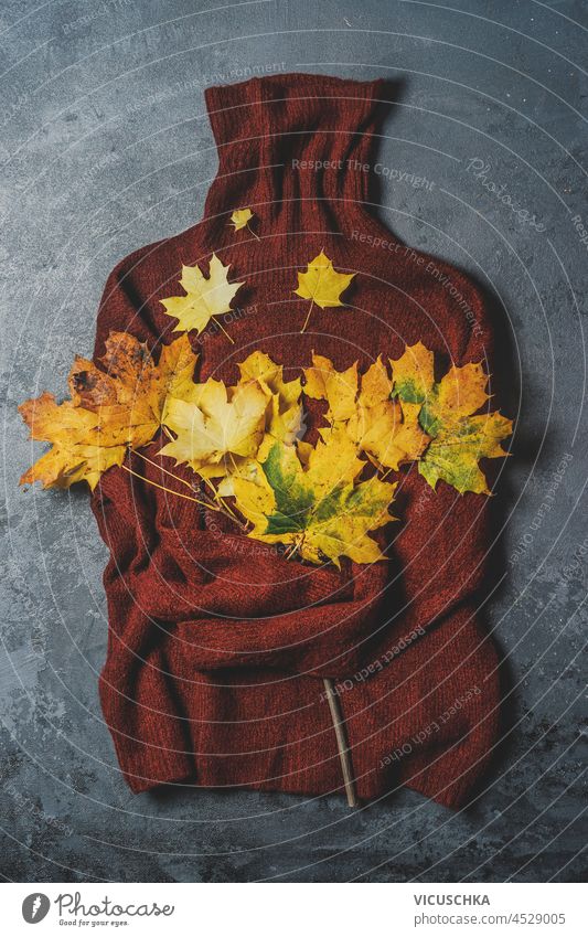 Brauner Woll-Rollkragenpullover mit gelben Herbstblättern auf dunklem Hintergrund. Herbst-Mode-Konzept mit warmer Kleidung und Herbst Dekoration. Ansicht von oben.