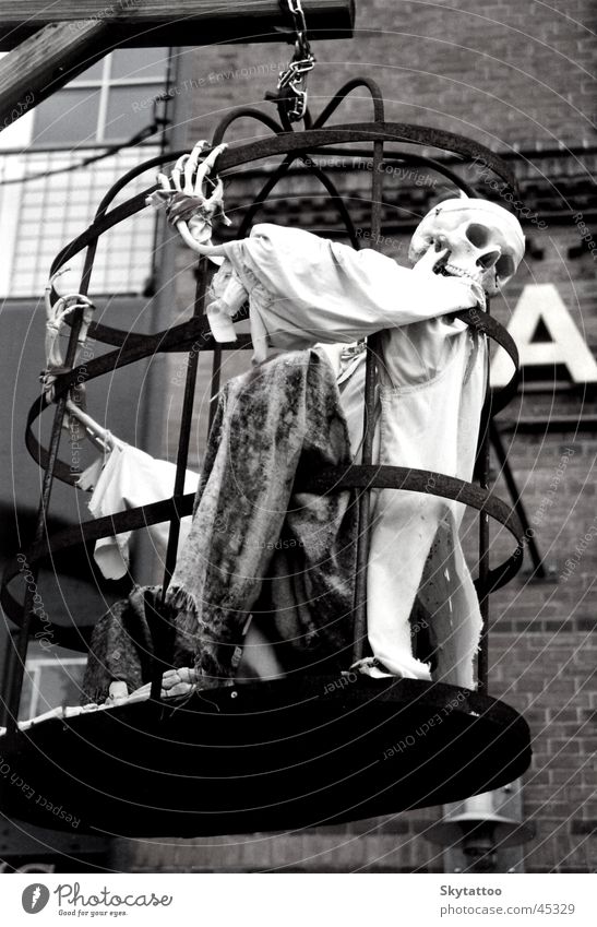 Gespenst Geister u. Gespenster Käfig Eisen Ausstellung gruselig Hamburg Dungeon Außenaufnahme Schädel gefangen Schwarzweißfoto Veranstaltung historisch