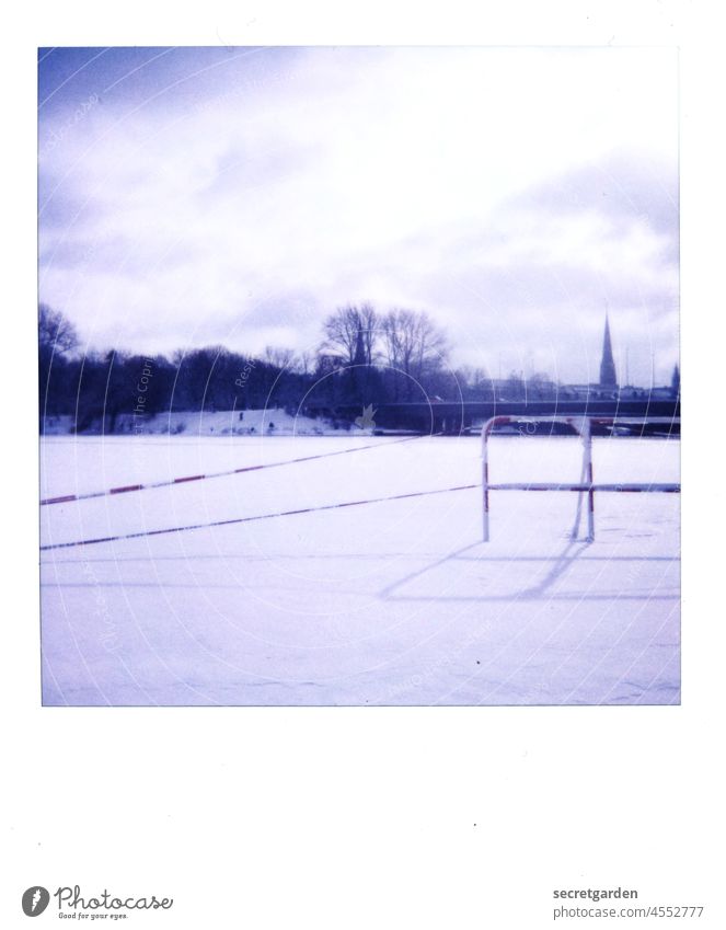 Auf eigenes Risiko. Alster Hamburg Baum Winter kalt Polaroid analog blau weiss kahl Eis zugefroren Eisdecke Himmel Wolken Wintertag Winterurlaub Winterstimmung