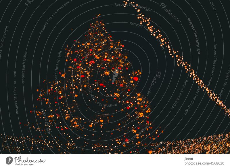 Großer festlich geschmückter Weihnachtsbaum auf dem Weihnachtsmarkt groß bunt rot gold Lichterkette leuchten leuchtend hell strahlend Nacht Abend Heiligabend