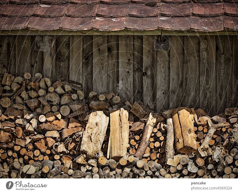 etwas warmes braucht der mensch. holzstapel vor einer hütte Hütte Holzhütte Vorrat Energie Wärme Holzscheite Holzstapel Winter Nahaufnahme Gebäude alt Brennholz
