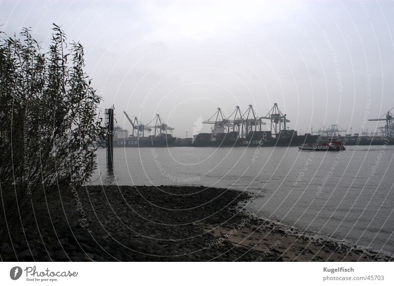 Hafengrau Herbst schlechtes Wetter Wasserfahrzeug trist Kran Industrie Hamburg Fluss Elbe industriehafen Küste