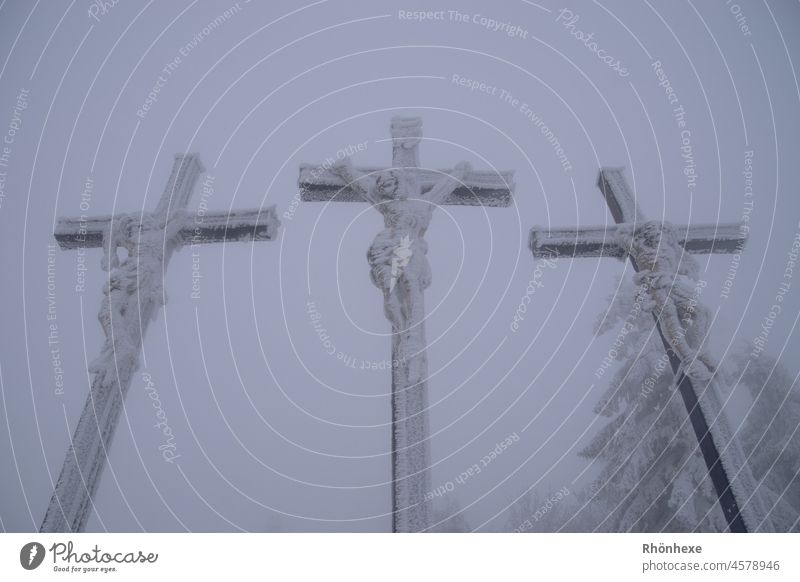 Kreuzigungsgruppe am Kreuzberggipfel "Drei Golgota Kreuze" im dichtem Nebel und Reif ruhig Nebelstimmung Außenaufnahme Menschenleer Farbfoto Umwelt Stimmung Tag