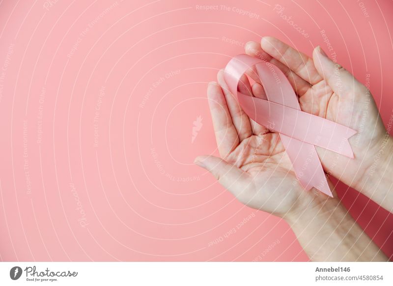Weibliche Hände halten rosa Schleife über rosa Hintergrund, Brustkrebs Bewusstsein, Oktober rosa Konzept Draufsicht mit Kopie Raum, Gesundheit, Frau Krebs Konzept