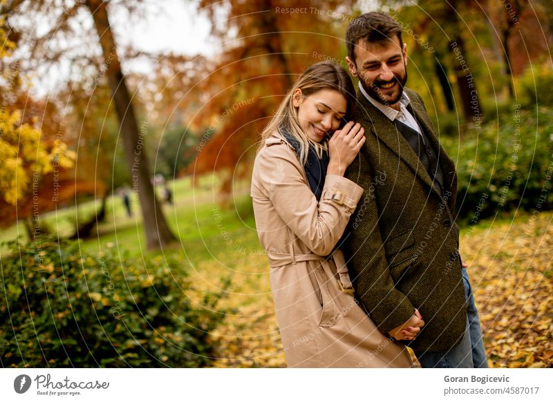 Junges Paar beim Spaziergang im herbstlichen Park Romantik Liebe zwei Partnerschaft Natur Lifestyle Freundin Herbst Frau fallen Fröhlichkeit Freizeit