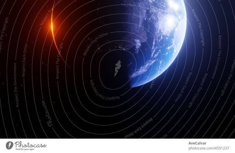 Erde Planet aus dem Weltraum gesehen Südamerika, 3d Render des Planeten Erde. NASA Genauigkeit. Sichtbare Lichter der Städte in der Nacht. Mit Sonne aufgehen und Strahl Lichtfackel am Horizont. Sci fi, Technologie Zukunft