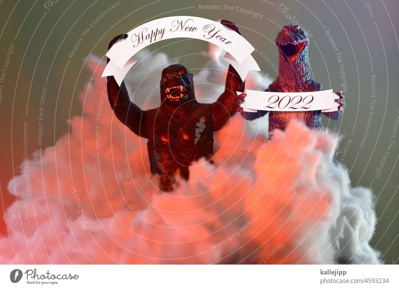 happy new year 2022 Farbfoto Feste & Feiern Symbole & Metaphern Wolken Gorilla Godzilla ribbon Transparente halten Watte Dekoration & Verzierung Tradition Figur