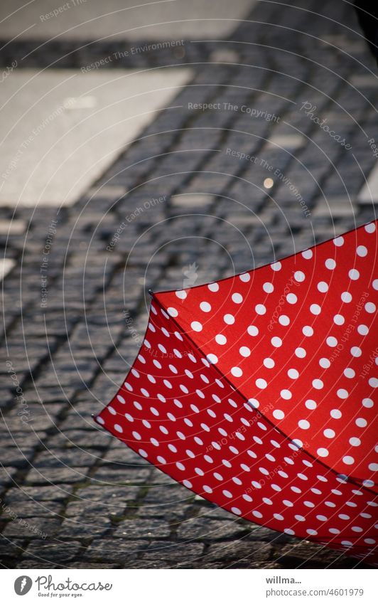 Cover des neuen Psychokrimis 'Fallschirm und Fluchtpunkt' Schirm Regenschirm rot weiße Punkte gepunktet Außenaufnahme Farbfoto Pflastersteine Wetter