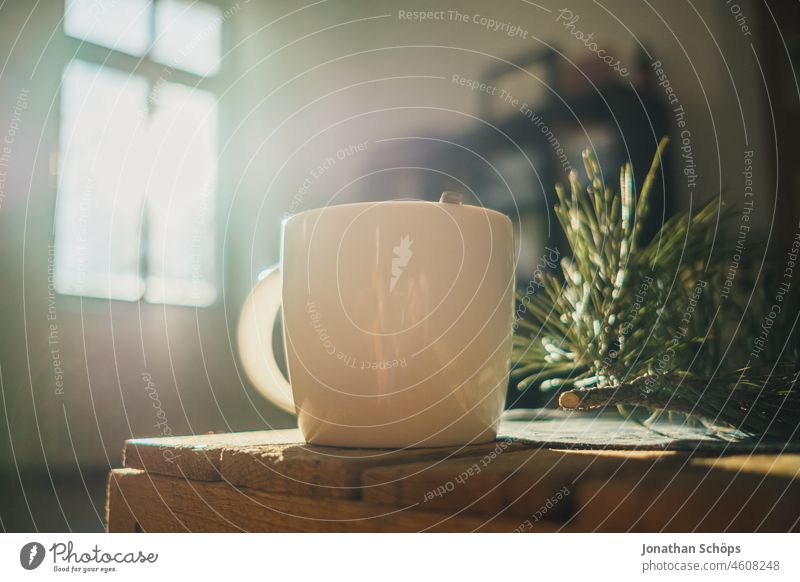 Eine weiße Tasse Kaffee auf einer Holzkiste im sonnendurchfluteten Zimmer trinken Getränk warm heiß Winter Tannenzweig reisig Sonnenlicht Gegenlicht Raum