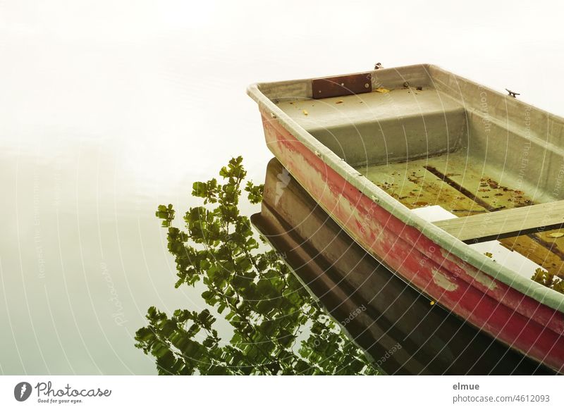 Die Schönheit im Auge des Betrachters I altes, desolates Ruderboot am Ufer eines stillen Sees, in dessen Wasser sich auch Äste eines Baumes spiegeln / Melancholie / Vergänglichkeit